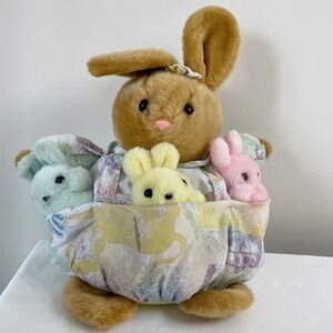 Vintage Anna Club Plush Easter Bunny Rabbit with 3 Babies Pot Belly Round Decor